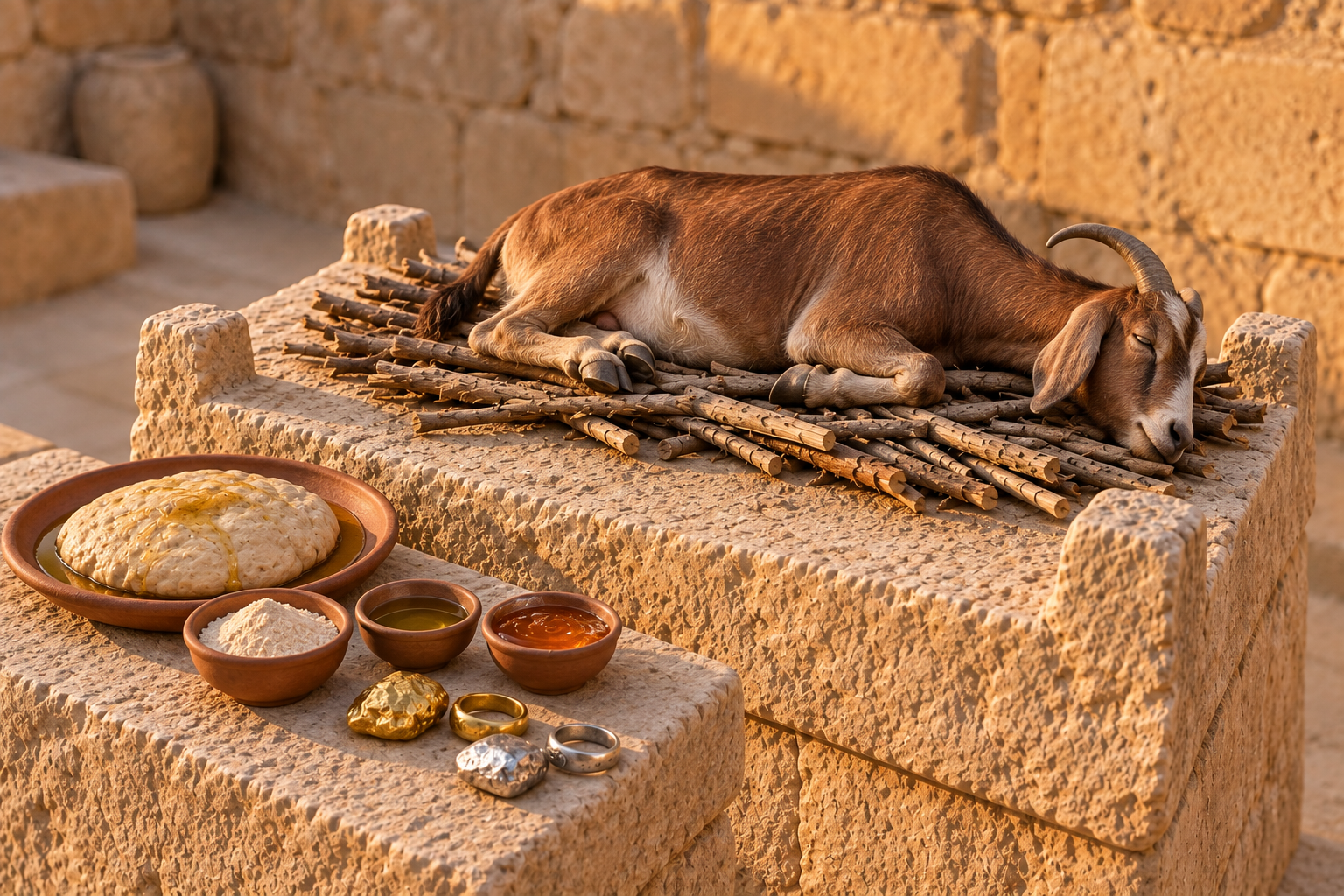 A she-goat beside dough, flour, oil, honey, and pieces of silver and gold.