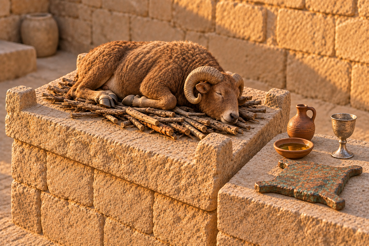A ram beside oil vessels, a silver goblet, and copper ingots, with the sea beyond.